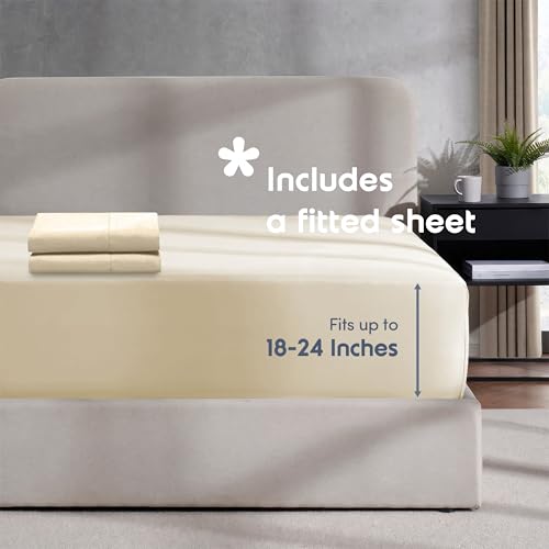 Image of Hearth & Harbor Beige Cream Duvet Cover with Fitted Sheet Cal King Size | 4 Piece Soft Double Brushed Bedding Set, Button Closure, 1 Duvet Cover 104x98 Inches, 1 Fitted Sheet, 2 Pillow Shams