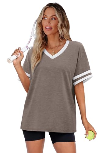 Image of WIHOLL Womens T Shirts Loose Fit Short Sleeve Tees V Neck Color Block Summer Tops 2026 Fashion S-4XL