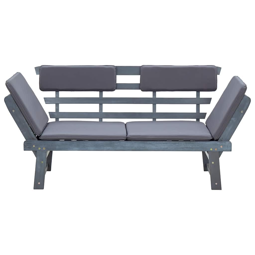 Banco de jardín de madera de acacia 2 en 1, 190 cm, gris, con cojines, banco plegable con laterales ajustables y fundas de almohada extraíbles