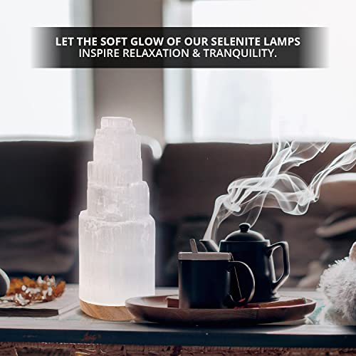 Image of Selenite Crystal Lamp 25cm, Wooden Base Moroccan Meditation Tower Lamp Night Light, Spiritual Healing Crystals for Bedroom Decor (ETL Certified)