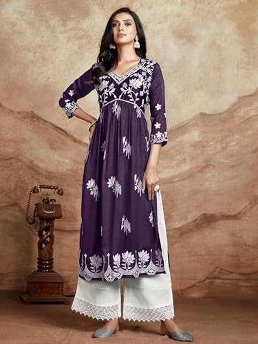 Image of EthnicJunction Women's Silk Blend Regular Fit Chikankari Embroidered Naira Cut Kurta