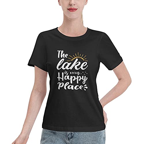 CEDY Women's The Lake is My Happy Place Graphic Funny Crew T-Shirt Cotton Short Sleeve Tee S-XXL Black