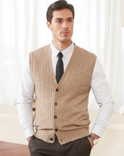 Kallspin Men's Cable Knit Sweater Vest Wool Blend V Neck Button Down Sleeveless Cardigan Vest2