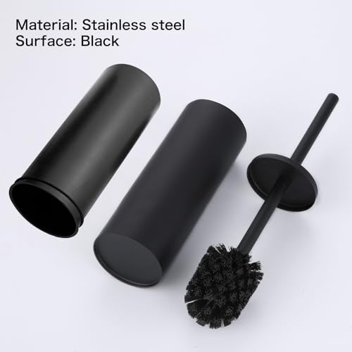 Image of Freestanding Toilet Bowl Brush Holder Black Round Metal Toilet Brush | AIREMOEN Removable Inner Bucket, Metal Splash Guard Cover, Dense Bristles with Brush Handle