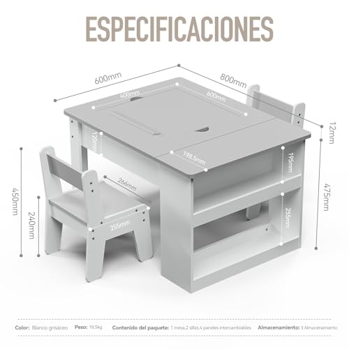 Mesa y Silla Infantil 2 Sillas,Multifunción Para Jugar, Pintar y leer, 4 Tableros Intercambiables, Ajustable y Antivuelco, con Espacio de Almacenamiento, Estable Hasta 60 kg, Seguro a Partir de 3 años - imagen 7