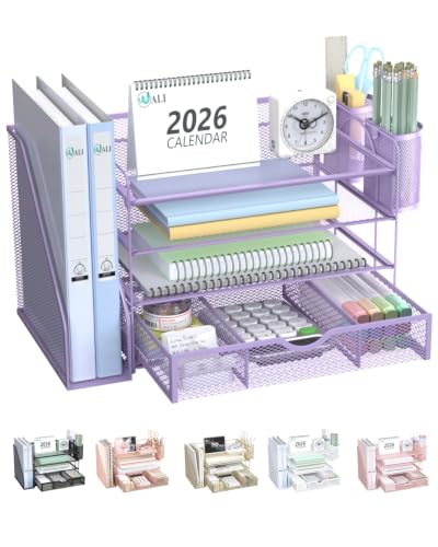 Image of WALI Desk File Organizer, 4 Tier Desktop Paper Letter Tray Organizer with Drawer and 2 Pen Holders, Office Desk Accessories & Workspace Organizers for Office, Home Supplies(DO005DH-V), 1 Pack, Purple
