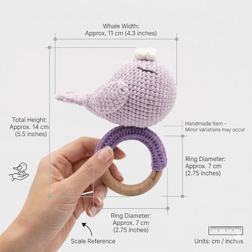 Image of Handmade Crochet Whale Baby Rattle Toy with Natural Beech Wood Ring | Soft Amigurumi Infant Teether for Newborns & Toddlers | Montessori Sensory Toy for Baby Boys & Girls