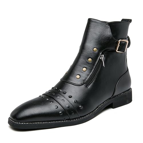 Image of Men's Leather Studded Chelsea Boots with Side Zipper,Adjustable Buckle Comfort Chunky Heel Dress Booties for Motorcycle Riding,Casual Non-Slip Oxford Ankle Boots for Punk Rock Formal