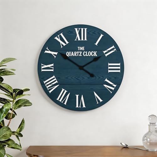 MROJISC Wanduhr, 60cm Wanduhren Holz, Leicht Ablesbare Lautlose Batteriebetriebene, Groß Runde Wanduhr für Zuhause, Küche, Wohnzimmer, Büro, Wanddekoration, Blau