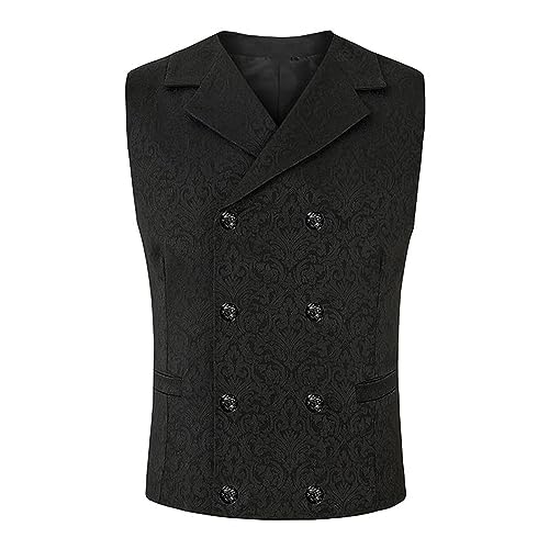 Cambkatl Men‘s Double Breasted Jacquard Suit Vest Gothic Steampunk Victorian Brocade Waistcoat Business Tuxedo Vest