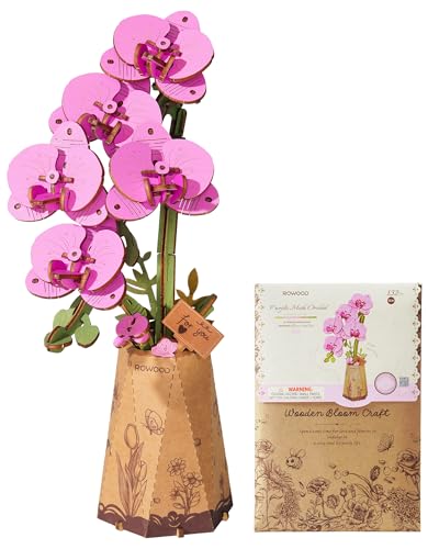 rowood Künstliche Blumen Lila Phalaenopsis, 3D Puzzle DIY Holzblumen, Modellbausätze zum Zusammenbauen, Bastelset für Erwachsene, Heimdekoration und Valentinsgeschenk-Set