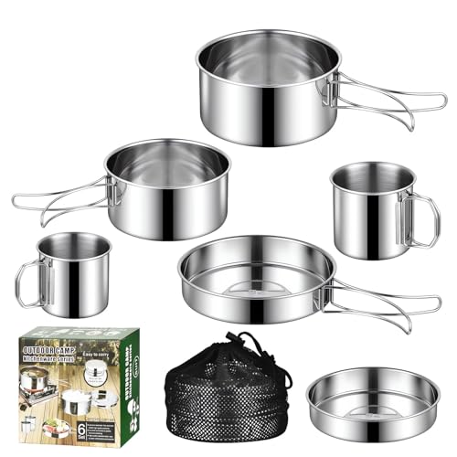 Set da cucina da campeggio, 6 pezzi in acciaio inox, kit con pentole, padelle e tazze, borsa portaoggetti in rete per campeggio, viaggi con zaino in spalla, cucina all'aperto, picnic