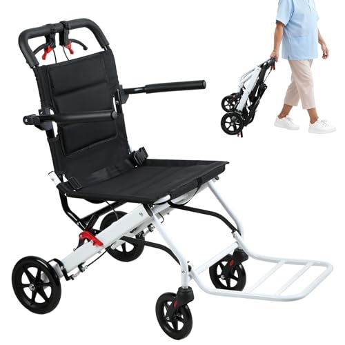 Mitoydoe Silla plegable ligera de aleación de aluminio – Silla de transporte portátil y plegable con capacidad de carga de 265 libras, cinturón de seguridad, diseño ergonómico para viajes, ancianos