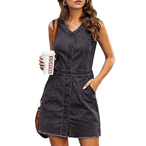 luvamia Women's Casual V Neck Sleeveless Jeans Button Down Denim Short Dress XX-Large Pebble Grey