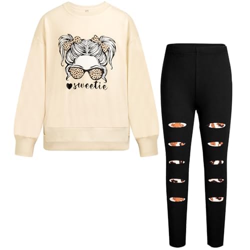 Girls Clothes Tie Dye Print Sweatshirt Tops and Leggings Sweatpants 2 Piece Fall Winter Outfits 5-12 Years 5-6 Years Beige Leopard