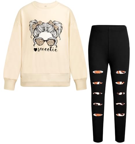 Alakuoti Fall Girls Outfits Size 6 Girls Fashion Print Sweatshirt Pullover Tops and Leggings Sweatpants 2 Piece Beige Leopard 5-6 Years - image 1