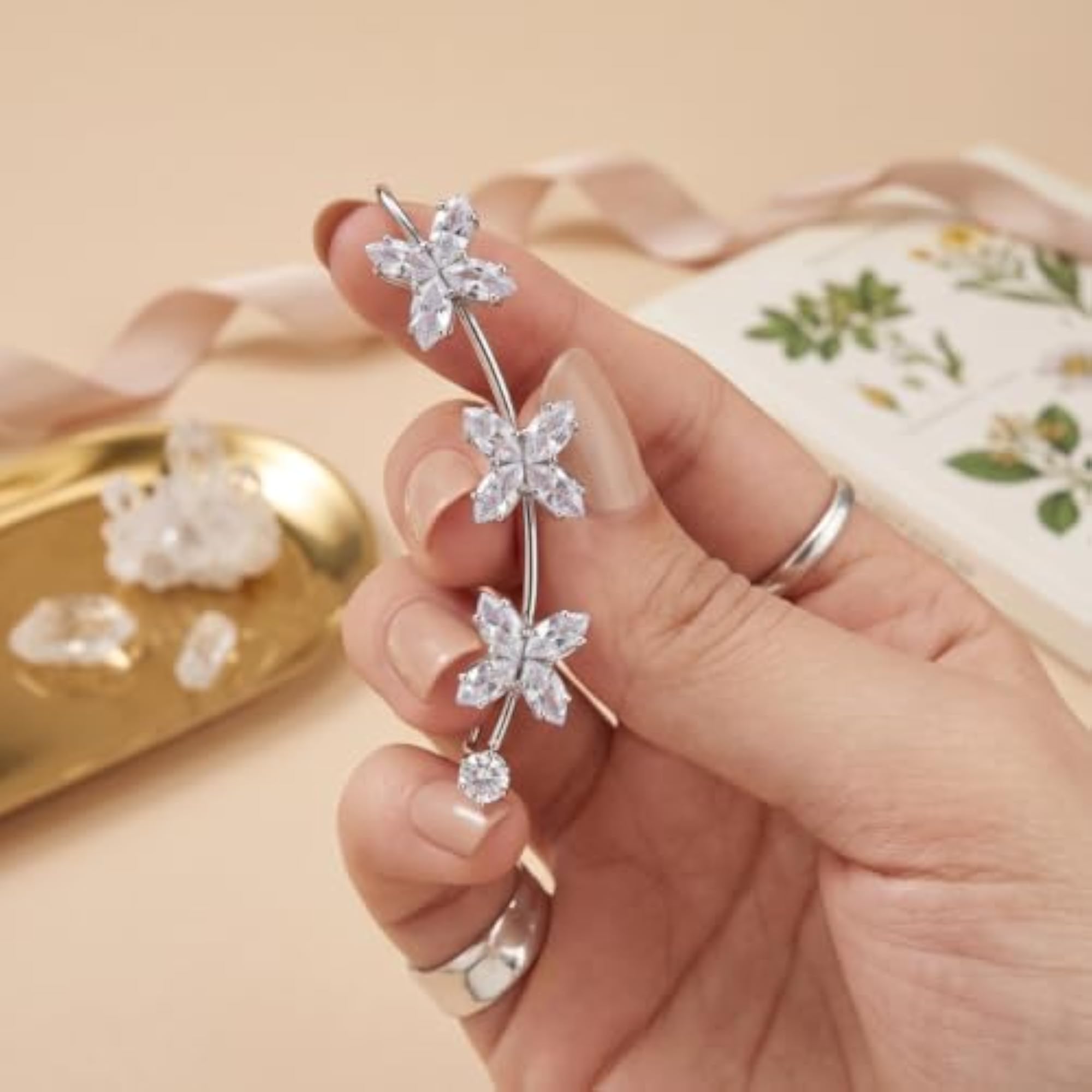Floral Design Delicate Ear Cuffs & Silver-Plated Crystal Climbers