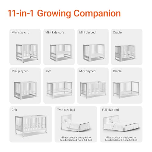 Image of MAMAZING EvoNest 11-in-1 Convertible Baby Crib with Wheels | Full Size Crib & Growing Bed, GREENGUARD Gold Certified, New Zealand Pine Wood, 4 Adjustable Heights, Rocking Mode, White