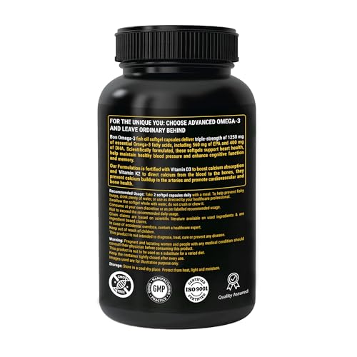Image of Fish Oil 1250mg with Vitamin D3 & K2, 90 Softgels | 3X Triple Strength 560mg EPA & 400mg DHA | Supports Heart, Bone Health, Brain & Immunity | Easy to Swallow Small Pills | Non-GMO, Burpless Anti-Reflux, No Heavy Metals
