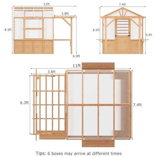 Image of EROMMY 7x11 FT Spruce Wood Greenhouse with Pergola, Walk-in Outdoor Greenhouse Kit with Polycarbonate Panels, Top-Hung Windows, Built-in Workstation & Staging Shelves for Backyard Garden
