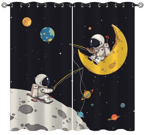 Funny Astronaut Blackout Curtains for Girls Kids Teen Boys Home Decor,Space Planets Cosmonauts Cosmic Grommet Thermal Insulated Drapes Darkening Window Curtain for Bedroom Living Room, 84 x 84 Inch