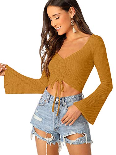 Image of SweatyRocks Women's Adjustable Drawstring String Long Bell Sleeve Rib Knit Sexy Crop Top Yellow L