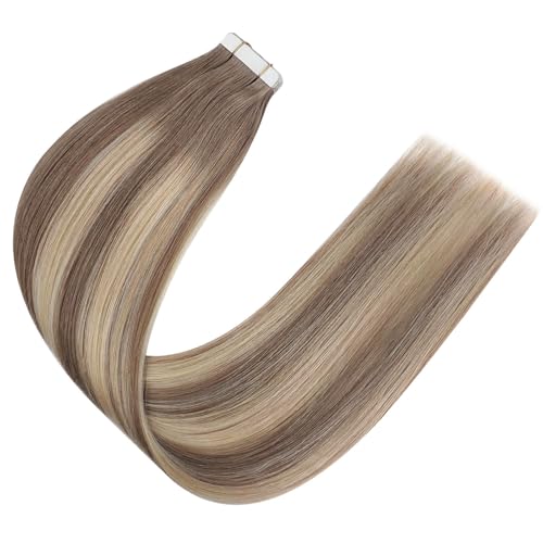 Image of Sixstarhair Tape in Hair Extensions Human Hair Balayage Ash Brown to Blonde Mixed with Light Blonde Real Hair Extensions Silky Straight Tape Hair Extensions Human Hair 50g 20pcs [TP8 /22 /8 22inch]