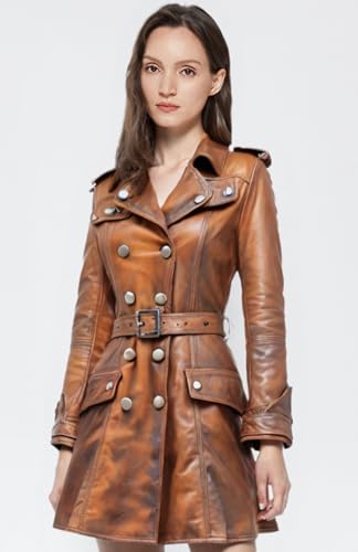 Camel Waxed Distressed Designer Women Real Leather Trench Coat Blazar2