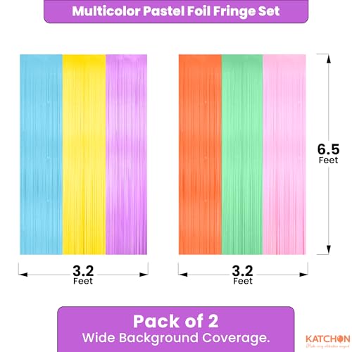 Image of KatchOn, Pastel Multicolor Foil Fringe Curtains - Pack of 2 | Pastel Colourful Photo Backdrop, Rainbow Foil Fringe Backdrop | Easter Decorations for Home | Baby Shower, Birthday Decorations