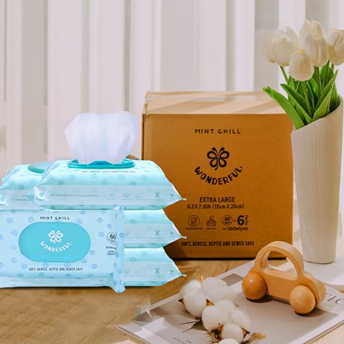 WONDERFUL Flushable Wipes 6-Pack (360 Wipes) - Mint Chill Wet Wipes for Adults & Kids, Hypoallergenic, Biodegradable, Sewer & Septic Safe, Gentle for Sensitive Skin - Bulk Pack for Bathroom & Travel - Thumbnail 2