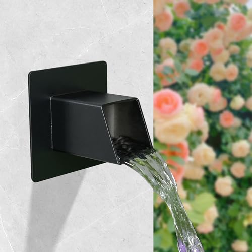 SUMGREEN 316 Stainless Steel 1.2-Inch Wall-Mounted Water Spout - Durable Outdoor Garden Square Waterfall Spillway with Integrated Spray Baffle, Modern Design for Patio, and Landscaping (Black)