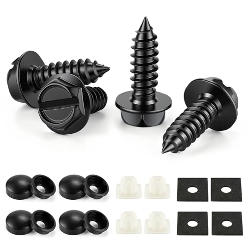 LivTee Rustproof License Plate Screws for Securing License Plates Frames and Covers on Cars and Trucks, 4 Sets Premium Stainless Steel Self Tapping Mounting Bolts (Black Zinc Plated)