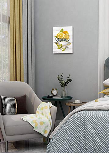 Sumgar Lemon Wall Art Farmhouse Yellow Kitchen Wall Decor Fruit Summer Paintings Lemon Tea Cup With Flower Pictures Artwork Living Room Dining Room Pantry 12 X 16 In #TOP3
