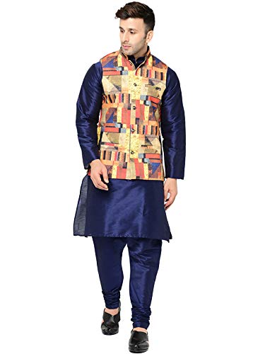 Image of SAIFOO Men's Silk Navy Blue Kurta Pyjama & Printed Nehru Jacket