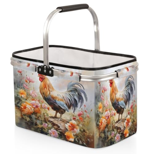 Skonsati Floral Rooster Chicken Print Folding Picnic Basket Large Reusable Shopping Basket Collapsible Grocery Tote Bag with Handle & Aluminum Frame for Picnic Beach Pool Festival