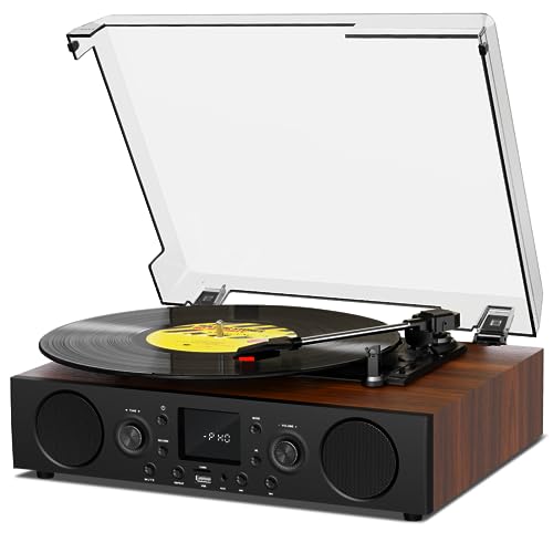 Vinyl Record Player with Built-in Speaker,Bluetooth Turntable with USB Recording, 3 Speed Vintage...
