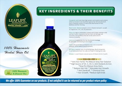 Image of Leaflife 100% Herbal Hair Oil | Homemade Natural Hair Oil for Hair Fall Control, Hair Growth & Premature Grey Hair Care | Non-Sticky, Chemical-Free | 125Mlleaflife 100% Herbal Homemade Hair Oil,Pack of 3 x 125 ML