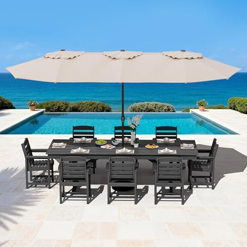 Image of SERWALL Outdoor 84 inch HDPE Dining Table with Umbrella Hole for 6-8, Black | 9-piece HDPE 84 inch dining table, Ideal for Outdoor Gathering