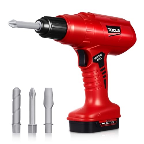 Arrowbash Toy Drill Set with 3 Interchangeable Drill Bits Electric Play Tool with Realistic Sound Construction Toy Tools Birthday Gifts for Kids Boys Girls