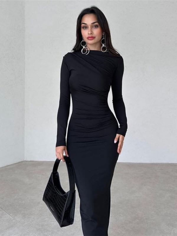 Haibanng Damen Langarm Maxikleid Figurbetontes Kleid Bodycon Elegante Kleider Sexy Rüschen Langarmkleid mit Stehkragen Vintage Freizeitkleid Stretch Abendkleid Partykleid Clubkleid Cocktailkleid