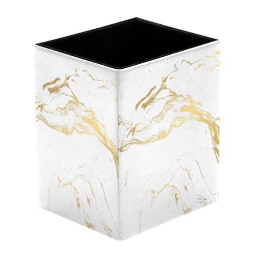 Eslifey Pot à crayons carré pour bureau, pot à stylos, pinceaux de maquillage, support d'affichage de bureau, organisateur de papeterie pour la maison, le bureau, en marbre blanc doré