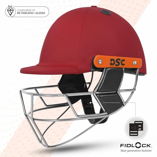 Image of DSC Empra Titanium BSI Approved Professional Cricket Helmet | BS7928 Certified Pro-Standard Hard Ball Helmet with Ultra-Light Titanium Grill & Advanced Shock Absorption | Color: Red | Size: L