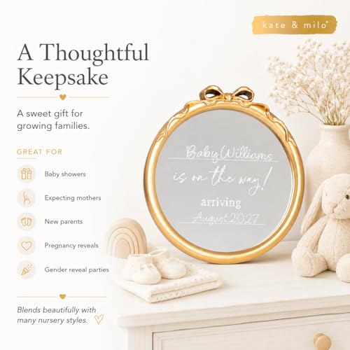 Image of Kate & Milo Gold Bow Baby Announcement Mirror Sign, inchBaby Is On The Way inch Pregnancy Reveal Plaque, Personalized Baby Name & Due Date Nursery Decor