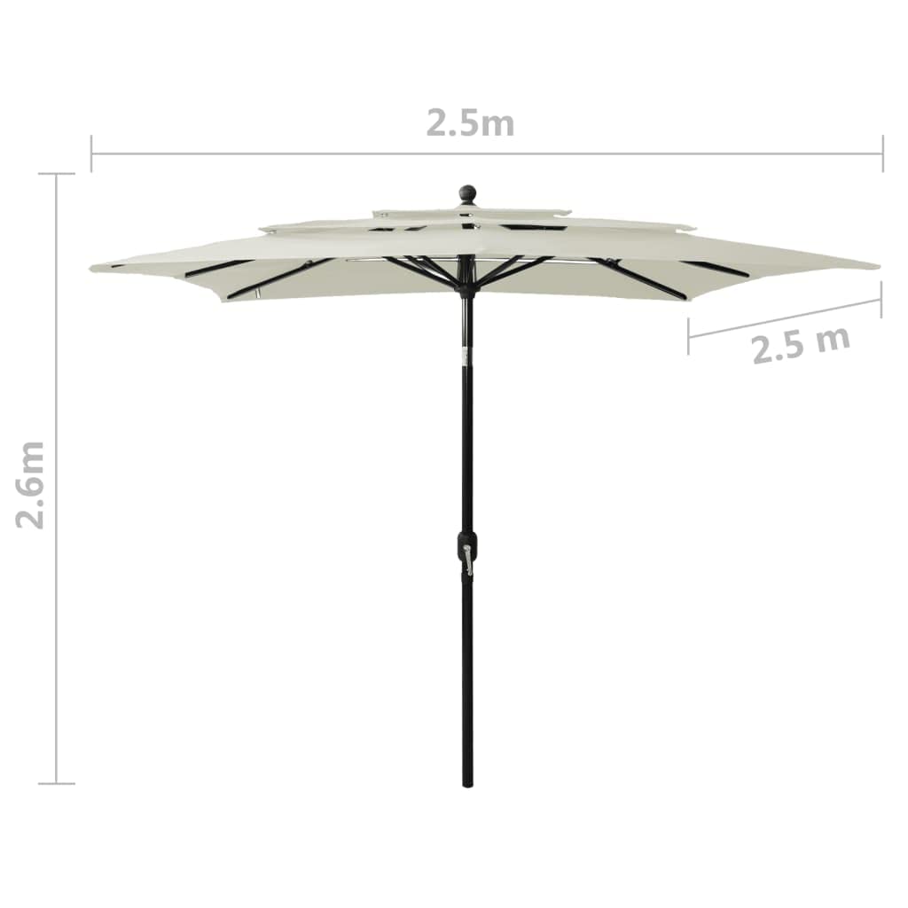 Ombrellone con palo in alluminio, 3 strati, color sabbia, 2,5 x 2,5 m, pieghevole, inclinabile, antivento, impermeabile, con supporto, per giardino, balcone, terrazzo, esterno, ombra