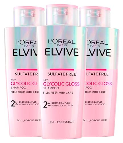 L'Oréal Paris Elvive Glycolic Gloss Shampoo Con Acido Glicolico Per Capelli Spenti E Porosi Lucentezza Intensa E Duratura - 3 Flaconi Da 200 Ml