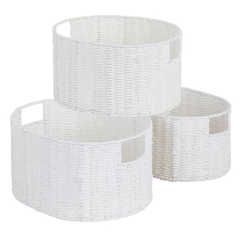 Vagusicc Wicker Storage Basket, Set of 3 Hand-Woven Paper Rope Storage Baskets for Organizing, Round Storage Basket With Handles, Large Wicker Storage Organizer Bins Baskets for Shelves & Decor, White