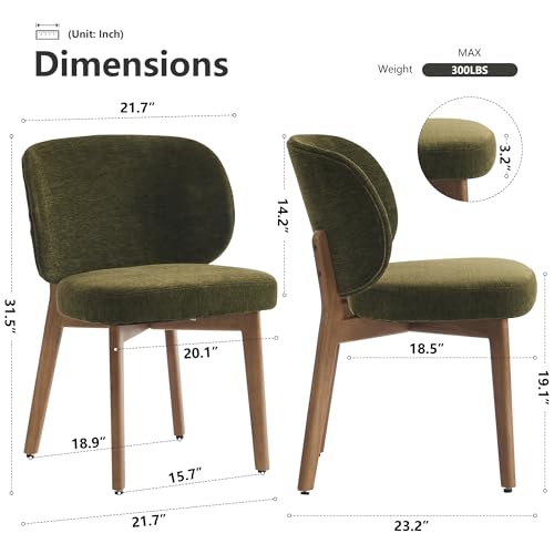 Image of YOUNIKE Single Dining Chair Modern Kitchen Dining Room Chair Green | Chenille Fabric Upholstered Armless Side Accent Chair with Back 20.1 inch Wide Padded Seat Wooden Legs for Living Room Bedroom