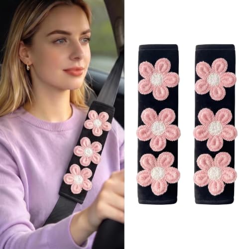 Image of Cute Pink Flower Seat Belt Cover Pads for Women Girls - Soft Plush Seatbelt Cushion, Fun Car Accessories (2, Pink Flower Black Plush Velvet Pad)