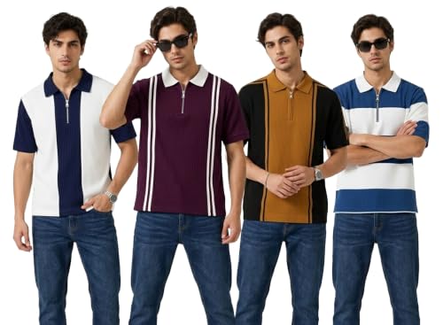 Image of AUSK Men's Retro Cable-Knit Quarter-Zip Polo | Premium Textured Self-Design Half Sleeve T-Shirt for Men