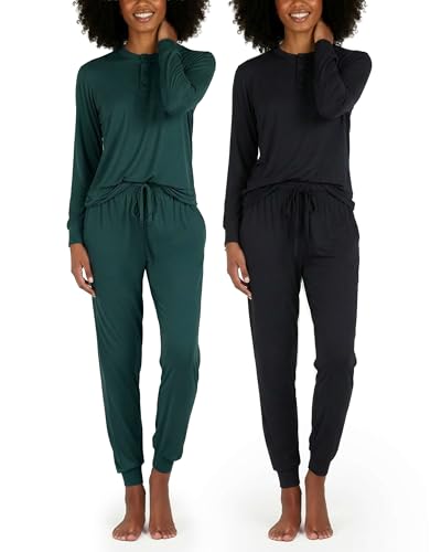 Image of Real Essentials 2 Pack: Women's Soft Long Sleeve Sleep Set - Comfortable Lounge Pull Over Hoodie and Henley Jogger